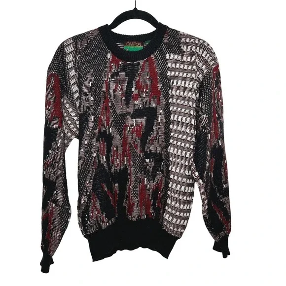 Oakton Limited Mens M Vintage Abstract Geometric Knit Sweater Black Red White - Picture 1 of 8